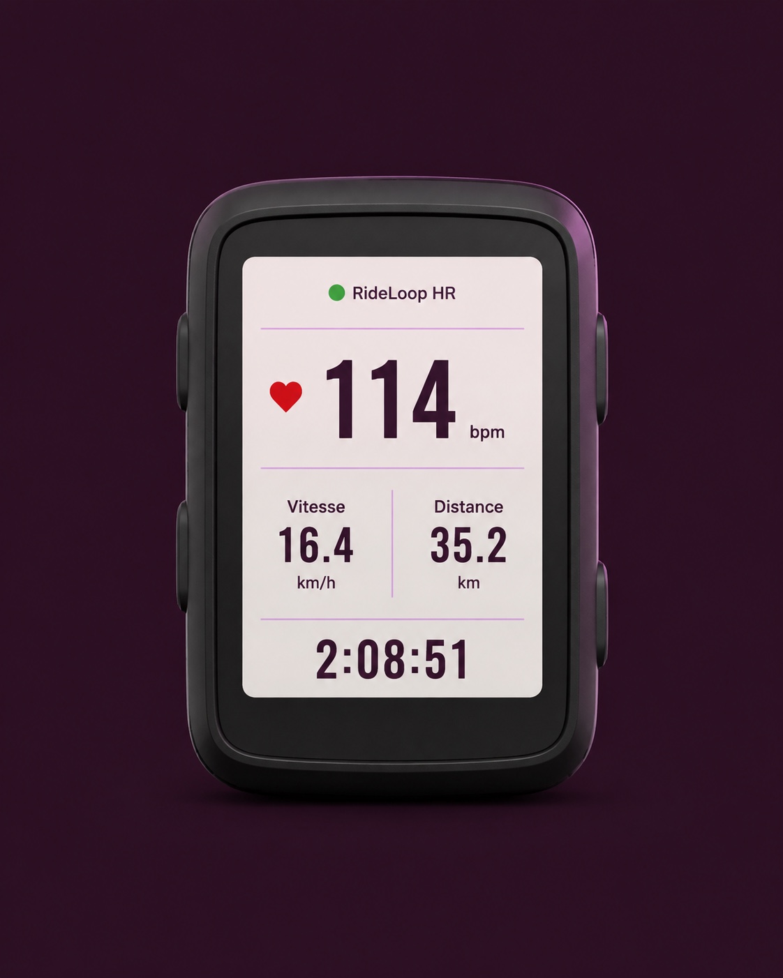 Compteur vélo sans marque visible affichant la fréquence cardiaque reçue du capteur RideLoop HR