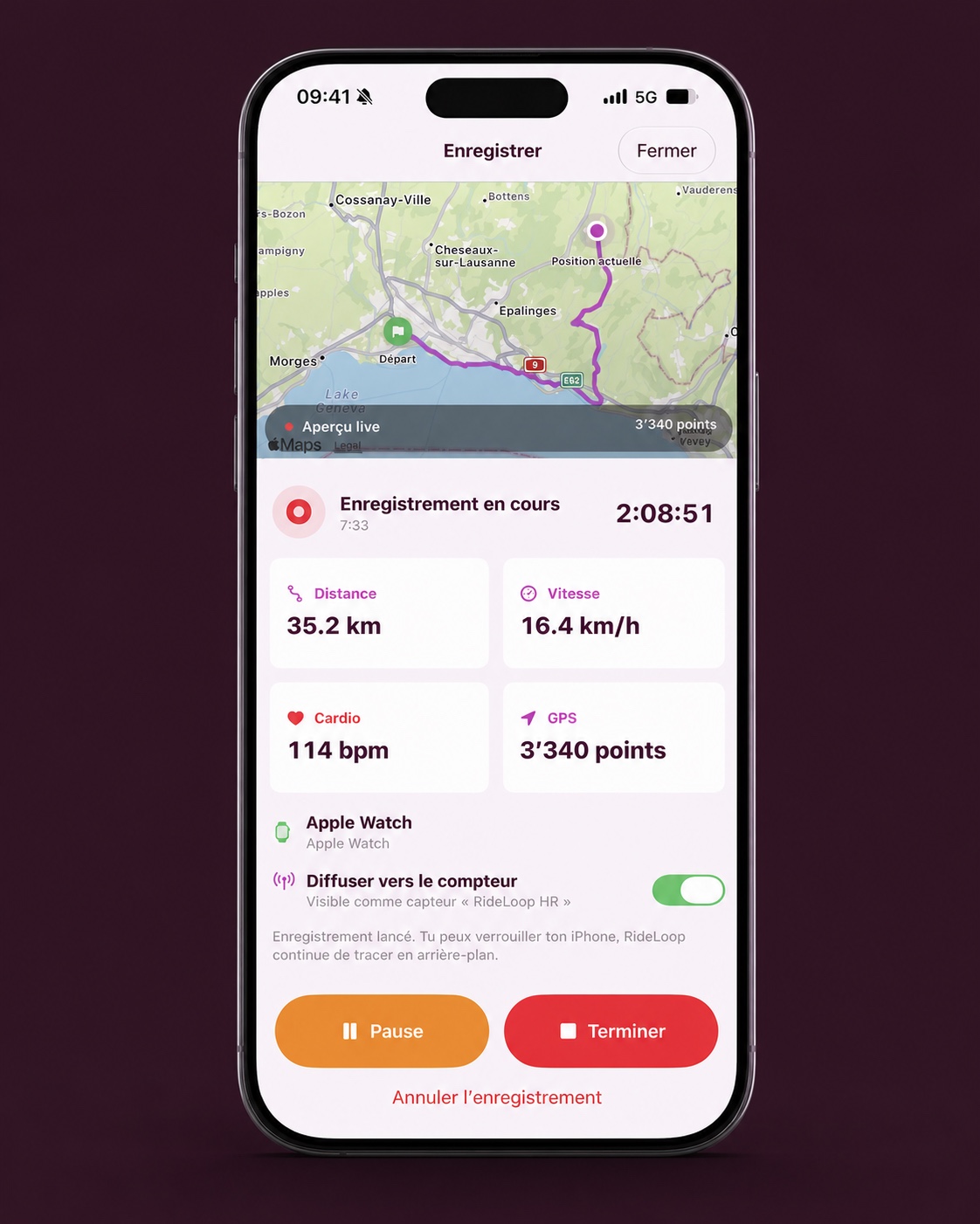 iPhone enregistrant une sortie dans RideLoop avec la trace, la distance, la vitesse et le cardio