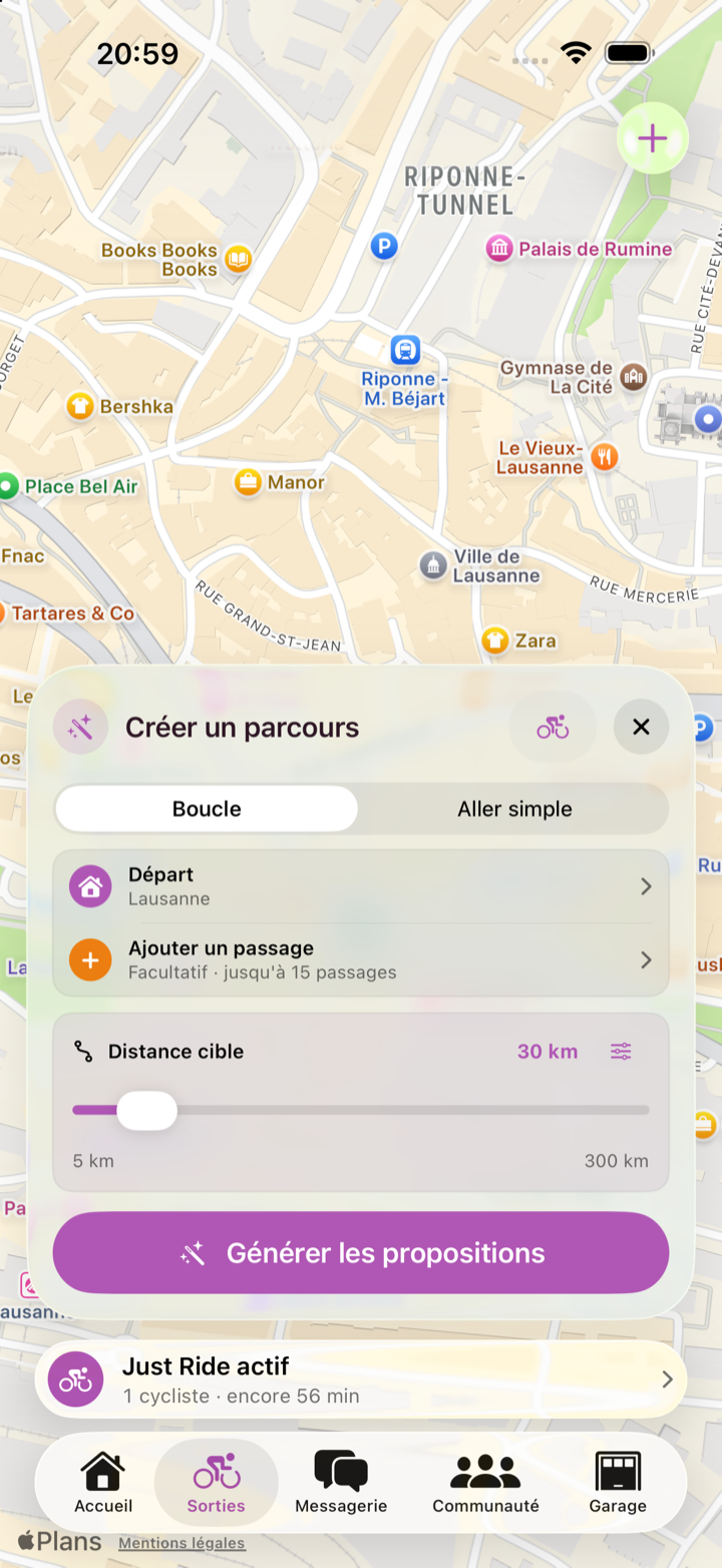Le générateur RideLoop avec le départ, les passages et la distance cible sur la carte