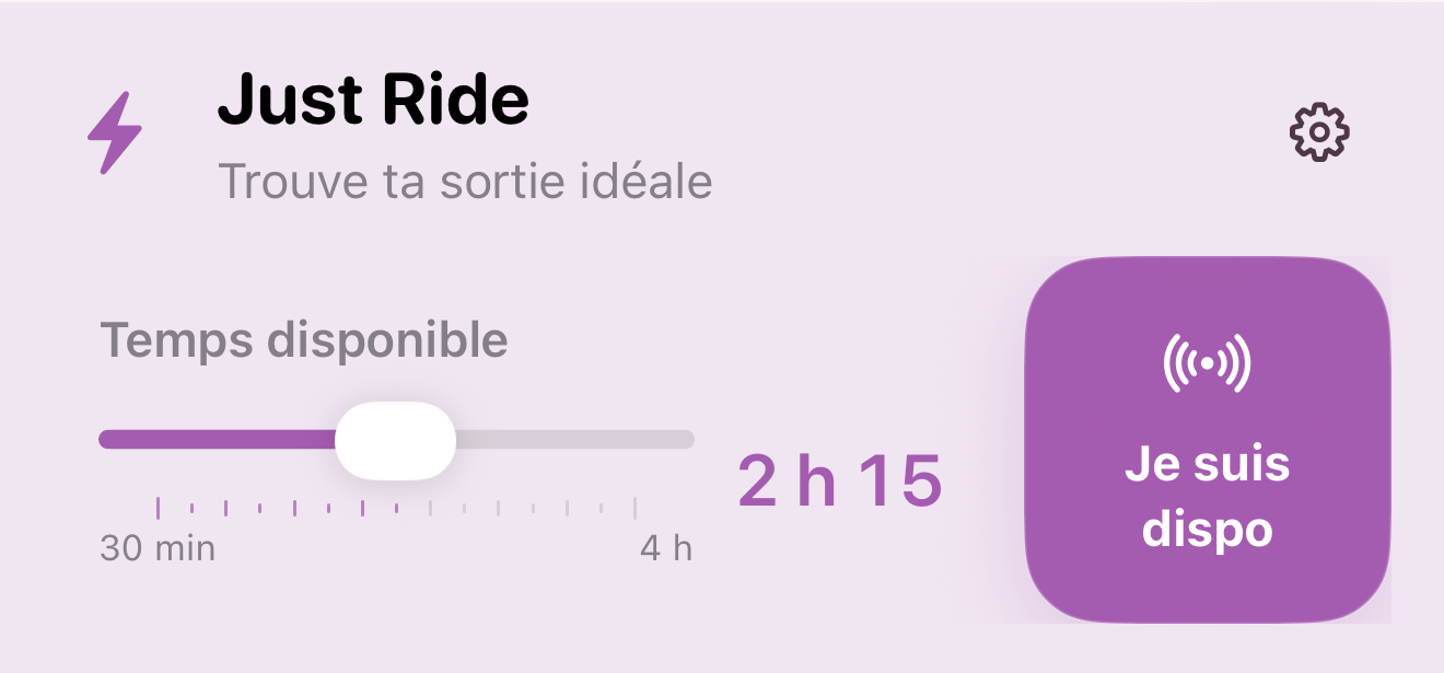 Just Ride dans l’app : le temps disponible est réglé sur 2 h 15, avec le bouton Je suis dispo pour signaler sa disponibilité.