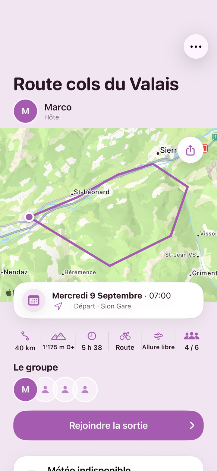 Une sortie RideLoop dans le Valais : carte du parcours, rendez-vous et groupe de cyclistes